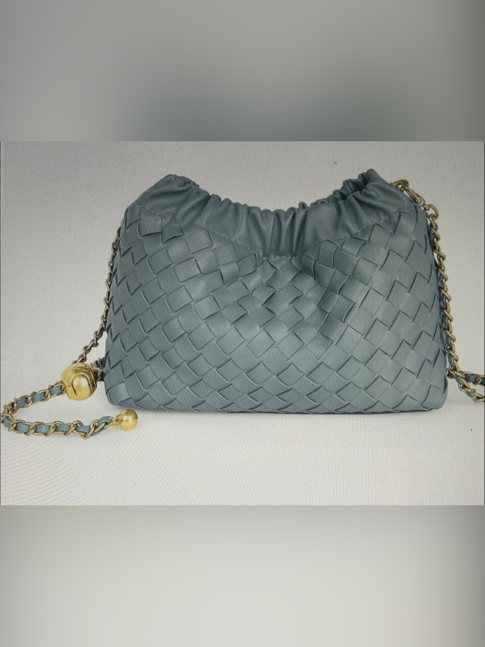 Woven Leather Shoulder Bag in Sage Green with Gold Chain